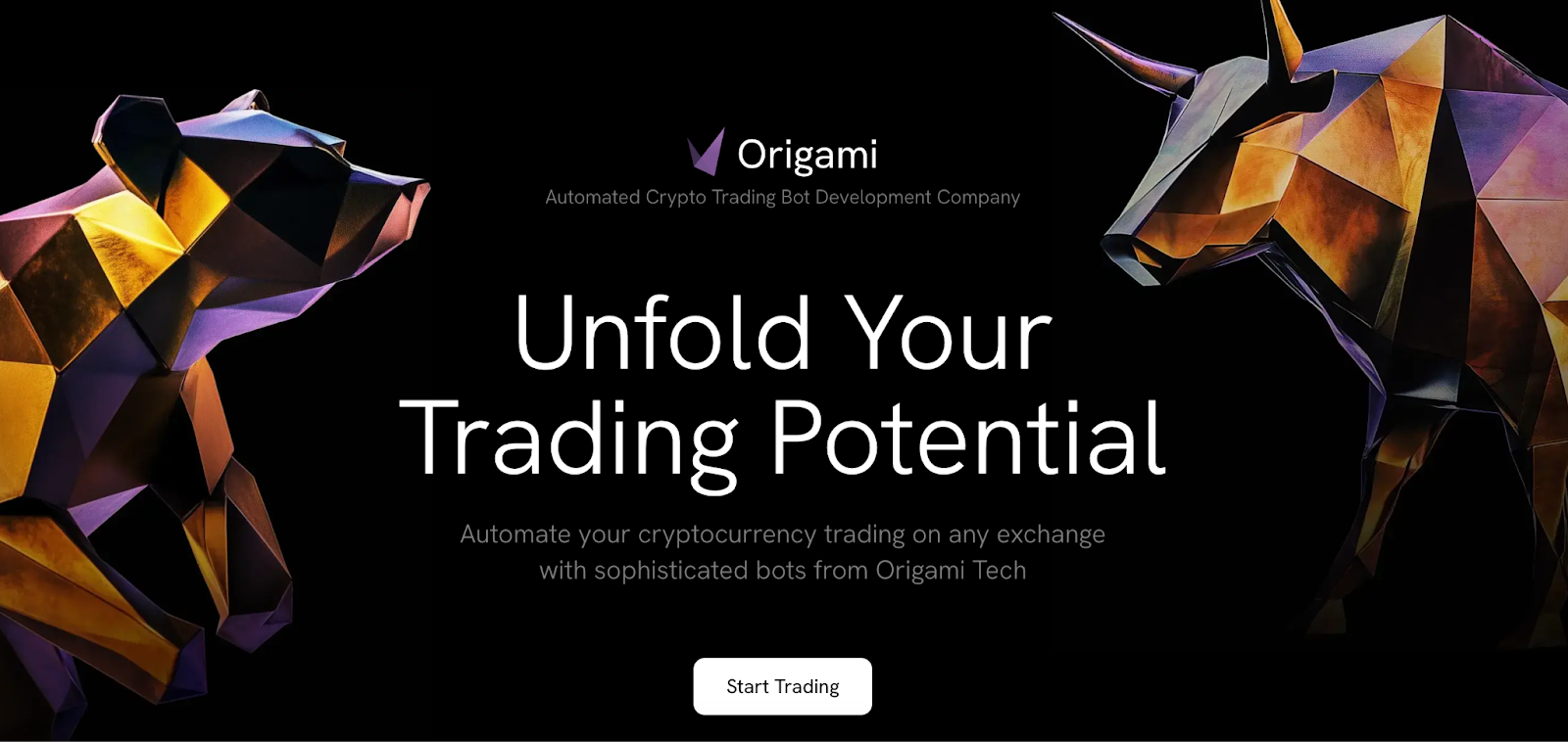 Origami Tech homepage with a hero banner introducing the platform and a ‘Start Trading’ button.”
