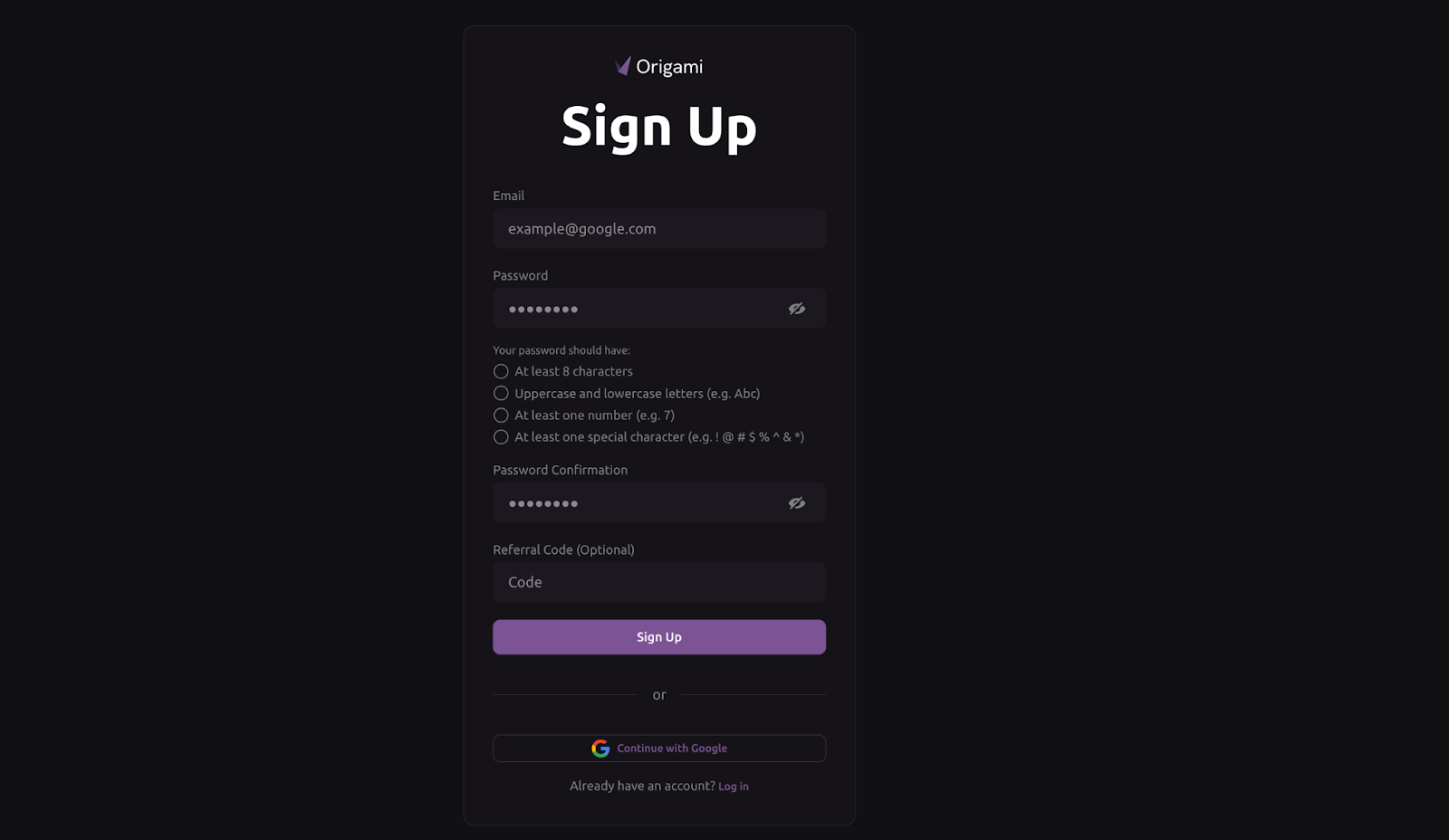 Origami Tech sign-up screen showing fields for email, password, password confirmation, optional referral code, and a Sign Up button.