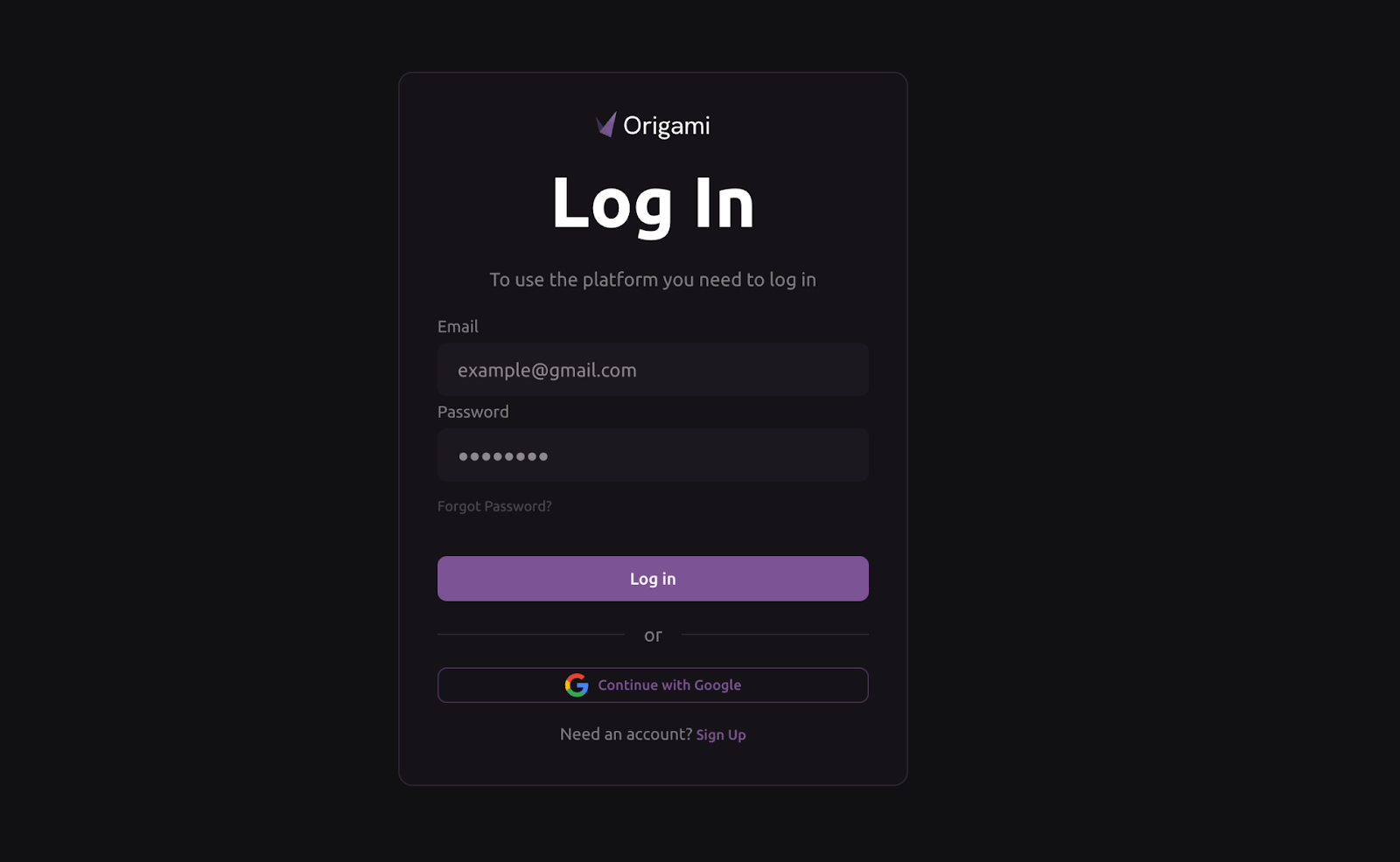 Origami Tech login screen with fields for email and password, a Log In button, and an option to continue with Google.